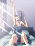  armpits bed chemise curtains feet_out_of_frame light_rays lingerie negligee one_eye_closed original pajamas purple_eyes purple_hair sleepy solo strap_slip stretch sunbeam sunlight takepon underwear 