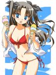  bikini black_hair blush double_scoop fate/stay_night fate_(series) food ice_cream long_hair mofmof_(sousa) side-tie_bikini solo swimsuit toosaka_rin two_side_up 