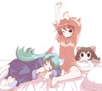  animal_ears aqua_hair barefoot bed black_eyes blush_stickers brown_hair cat_ears cat_tail di_gi_charat feet hands long_hair lying mike_(di_gi_charat) multiple_girls on_side pajamas panties pillow puchiko red_hair rinna_(di_gi_charat) saxyun short_hair sitting sleeping stretch tail underwear wince 