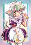  animal_ears bell blush cat_ears cat_tail gensho_sugiyama green_hair highres maid sugiyama_genshou tail thighhighs zettai_ryouiki 