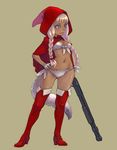  bikini blonde_hair blue_eyes boots braid dark_skin grimm's_fairy_tales gun hand_on_hip hood left-handed little_red_riding_hood little_red_riding_hood_(grimm) long_hair pump_action shotgun simple_background solo swimsuit tail thigh_boots thighhighs twin_braids weapon weno 