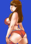 ass back bikini blue_background breasts brown_eyes brown_hair copyright_request curvy huge_breasts lips long_hair looking_back lowres matoyama oekaki simple_background solo swimsuit thighhighs 