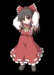  arms_up black_background bow detached_sleeves dress fukaiton full_body hair_bow hakurei_reimu loafers long_hair long_sleeves looking_at_viewer pixel_art ponytail red_bow red_dress ribbon-trimmed_sleeves ribbon_trim shoes sidelocks simple_background solo standing touhou 