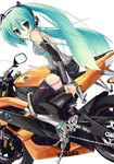  aqua_hair ayase_hikaru blue_eyes detached_sleeves ground_vehicle hatsune_miku headphones headset long_hair motor_vehicle motorcycle smile solo thighhighs twintails very_long_hair vocaloid yamaha zettai_ryouiki 