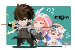  >_< 01_(zeroichi_srl) 1boy 2girls :< atelier_(series) atelier_totori black_dress black_footwear black_pants blue_background border brown_eyes brown_hair chibi chibi_only closed_eyes dated dress flying_sweatdrops full_body hat holding holding_sword holding_weapon jacket lightning long_hair long_sleeves multiple_girls no_lineart pants pink_hat rorolina_frixell short_hair staff standing sterkenburg_cranach sword totooria_helmold weapon white_border 
