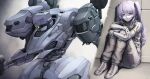  1girl against_wall armored_core armored_core_6 bodysuit boots cable character_request expressionless full_body grey_bodysuit grey_eyes heterochromia highres hugging_own_legs itaco knees_to_chest long_hair looking_to_the_side mecha mecha_pilot_suit open_mouth purple_eyes purple_hair robot science_fiction sitting split_image twintails weapon yellow_eyes 