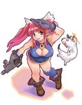  boots breasts cleavage cleavage_cutout curvy downblouse gloves gun highres large_breasts original red_hair ryoji_(nomura_ryouji) salute solo thighhighs thighs twintails upskirt weapon 