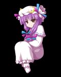  black_background blue_bow bow capelet crescent dress expressionless frills fukaiton hair_bow hat jitome knees_up long_sleeves lowres mob_cap patchouli_knowledge pink_bow red_bow sidelocks simple_background solo touhou white_dress 