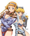  :p armor back-to-back blonde_hair blue_eyes blush breasts buckle cleavage earrings elbow_gloves elina fur gauntlets gloves hairband hisayuki_hirokazu jewelry large_breasts leina loincloth multiple_girls queen's_blade revealing_clothes siblings sisters smile strap tongue tongue_out 