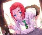  all_fours arthur_(code_geass) ashford_academy_uniform blue_eyes cat code_geass dress_shirt kallen_stadtfeld necktie pencil_skirt red_hair shirt skirt smile solo table thighhighs uni white_shirt zettai_ryouiki 