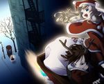  2girls animal_ears blonde_hair brown_hair capelet christmas copyright_request flying green_eyes heterochromia multiple_girls reindeer_ears santa_costume sleigh tomiwo 