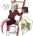  2024 alpha_channel anon_(snoot_game) anthro bald bent_arm bent_leg biped bone_frill book bottomwear cavemanon_studios clothing crossed_arms cutaway dialogue digital_drawing_(artwork) digital_media_(artwork) dinosaur duo english_text eyewear featureless_face female fingers footwear frill_(anatomy) glasses green_clothing green_jacket green_topwear hadrosaurid hair head_on_shoulder high_heels holding_object human jacket koopacoon ladder large_glasses legwear light-skinned_male light_body light_skin long_sleeves long_tail looking_at_viewer looking_back male mammal multicolored_body multicolored_scales open_mouth open_smile ornithischian ornithopod parasaurolophus pink_body pink_eyes pink_scales prehistoric_species rear_view red_body red_scales reptile round_glasses scales scalie shirt shoes silver_hair simple_background skirt sleeping smile snoot_game snout speech_bubble sweater tail text theresa_(snoot_game) thigh_highs topwear transparent_background two_tone_body two_tone_scales 
