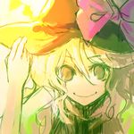  artist_request bangs black_hat blonde_hair bow closed_mouth eyebrows eyebrows_visible_through_hair hair_between_eyes hand_on_headwear hat hat_bow kirisame_marisa long_hair lowres purple_bow sketch smile solo touhou upper_body wavy_hair witch_hat 