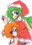  artist_request blue_eyes christmas green_hair hat hatchet higurashi_no_naku_koro_ni long_hair multiple_girls nose_hatchet orange_hair ryuuguu_rena santa_costume santa_hat short_hair sonozaki_shion stun_gun 