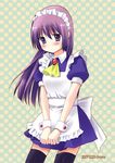  apron apron_tug artist_name ascot black_legwear blush chany cowboy_shot dated dress embarrassed hayate_no_gotoku! long_hair looking_at_viewer maid maid_headdress polka_dot polka_dot_background puffy_short_sleeves puffy_sleeves purple_eyes purple_hair saginomiya_isumi short_sleeves solo thighhighs wrist_cuffs 