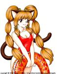  1girl animal_ears bewildered breasts cat_ears catgirl cleavage innertube simple_background solo tail 