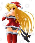  bardiche blonde_hair christmas dress fate_testarossa hat jester_cap long_hair lyrical_nanoha mahou_shoujo_lyrical_nanoha_strikers panties santa_costume solo strapless strapless_dress thighhighs underwear yamaguchi_ugou 