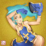  blue_hair breasts covering dragon_quest dragon_quest_iii gloves hat kosame_daizu large_breasts long_hair mitre naked_tabard priest_(dq3) solo tabard undressing 