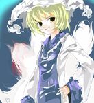  blonde_hair blue_background dress fox_tail hand_on_hip hat long_sleeves looking_at_viewer pillow_hat short_hair shunsei_(muratou) smile solo surcoat tabard tail tassel touhou white_dress yakumo_ran yellow_eyes 