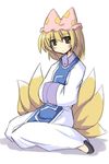  artist_request blonde_hair blush dress fox_tail frills full_body hands_in_opposite_sleeves hat highres long_sleeves looking_at_viewer mob_cap multiple_tails pillow_hat shoes sitting solo surcoat tabard tail touhou white_background white_dress wide_sleeves yakumo_ran yokozuwari 