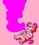 2023 anthro black_eyes bottomwear canid canine clothing digital_media_(artwork) fur half-closed_eyes hands_on_belly hands_on_own_belly hoodie lying male mammal monochrome narrowed_eyes on_back pants pink_background pink_body pink_bottomwear pink_clothing pink_ears pink_fur pink_hoodie pink_nose pink_pants pink_smoke pink_tail pink_topwear poko_(pokonuki) pokonuki raccoon_dog simple_background smile smoke solo tail tanuki topwear two_tone_tail