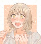  1girl blonde_hair blush clenched_hands dungeon_meshi eyelashes falin_touden falin_touden_(tallman) hands_up happy_aura highres looking_ahead open_mouth pink_background portrait sasakura34 shirt short_hair simple_background solo sparkle sparkling_eyes sweat teeth two-tone_background white_background white_shirt wide-eyed yellow_eyes 