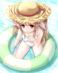  animal_ears copyright_request hat highres innertube kneeling one-piece_swimsuit school_swimsuit solo straw_hat swimsuit tail uni8 wet white_school_swimsuit white_swimsuit 