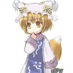  artist_request blonde_hair chibi cowboy_shot dress fox_tail frills hat holding long_sleeves lowres mob_cap ofuda pillow_hat short_hair solo surcoat tabard tail touhou upper_body white_background white_dress wide_sleeves yakumo_ran yellow_eyes 