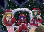  adapted_costume blonde_hair blush christmas christmas_tree crossed_legs detached_sleeves dress embarrassed eyebrows_visible_through_hair finger_to_cheek flx frog_hair_ornament fur_trim green_eyes green_hair hair_ornament hair_ribbon hat kochiya_sanae medium_hair miniskirt moriya_suwako multiple_girls night night_sky onbashira one_eye_closed pants pink_legwear puffy_sleeves purple_hair red_dress red_eyes red_pants red_ribbon red_shirt ribbon sack santa_costume santa_hat shirt short_hair skirt sky snow snowing star star_hair_ornament thighhighs touhou yasaka_kanako yellow_eyes zettai_ryouiki 