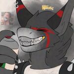  1:1 alternative_fashion anthro canid canine canis clothed clothing digital_media_(artwork) dystopian ear_piercing fur hi_res hybrid insane jewelry mad_max male mammal natuss natuss_(character) piercing punk reptile ring_piercing scalie simple_background smile snake solo teeth text 