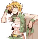  1girl arm_up blonde_hair breasts cleavage collarbone commission crop_top effy_neprin green_eyes kasamoto_eri large_breasts metal_slug navel short_hair simple_background sitting solo upper_body white_background 
