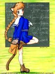  1girl animal_ears bewildered braid cat_ears catgirl chalkboard school_uniform serafuku solo tail 