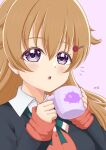  1girl :o absurdres black_jacket blush brown_hair cardigan check_commentary collared_shirt commentary_request cup dress_shirt food food_on_face hair_between_eyes hair_ornament hairclip highres holding holding_cup jacket konoe_kanata long_hair long_sleeves looking_at_viewer love_live! love_live!_nijigasaki_high_school_idol_club misappi mug nijigasaki_school_uniform notice_lines open_clothes open_jacket print_mug purple_background purple_eyes red_cardigan school_uniform shirt simple_background sleeves_past_wrists solo upper_body white_shirt winter_uniform 