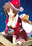  :d amy_limiette blush bobblehat bow breasts chimney christmas cleavage collar collarbone fur_trim hat ibuki_pon large_breasts looking_at_viewer lyrical_nanoha mahou_shoujo_lyrical_nanoha night night_sky open_mouth orange_bow sack santa_costume santa_hat sky smile solo star_(sky) starry_sky 