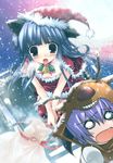  animal_costume animal_ears antlers bangs bare_arms bell bell_collar blue_eyes blue_hair blunt_bangs blush breath christmas collar dog_ears full_moon furude_rika hanyuu hat higurashi_no_naku_koro_ni holly long_hair moon multiple_girls night night_sky o_o reindeer_costume sack santa_costume santa_hat sky snow snowing thighhighs tororo winter 