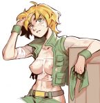  1girl arm_up blonde_hair breasts collarbone commission crop_top effy_neprin green_eyes kasamoto_eri large_breasts metal_slug navel nipples short_hair simple_background sitting solo upper_body white_background 