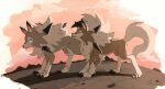  animal_focus animal_hands black_claws blue_eyes brown_fur cc8nw42u15apug0 closed_eyes cloud cloudy_sky dog frown looking_at_another lycanroc lycanroc_(dusk) lycanroc_(midday) neck_fur no_humans open_mouth pokemon pokemon_(creature) sky sunset white_fur 