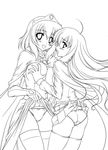  abu breast_grab breasts flat_chest grabbing greyscale henrietta_de_tristain looking_at_viewer louise_francoise_le_blanc_de_la_valliere medium_breasts monochrome multiple_girls skirt skirt_lift thighhighs work_in_progress yuri zero_no_tsukaima 