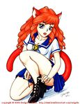  1girl animal_ears bewildered cat_ears catgirl red_hair skirt solo tail traditional_media 