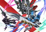  blue_eyes cape cloak crossbone_gundam crossbone_gundam_x-1 crossbone_gundam_x-2 crossbone_gundam_x-3 glowing glowing_eyes green_eyes gun gundam highres holding holding_sword holding_weapon looking_at_viewer mecha mobile_suit no_humans open_hand red_eyes robot science_fiction skull_and_crossbones sword tyuuboutyauyo v-fin weapon 