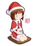  bob_cut breasts brown_hair capelet cloud cup frills full_body full_moon fur_trim hagiwara_yukiho idolmaster idolmaster_(classic) idolmaster_1 moon nekopuchi pillow pom_poms red_capelet santa_costume seiza simple_background sitting small_breasts solo teacup white_background 