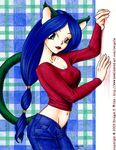  1girl animal_ears bewildered blue_hair cat_ears catgirl denim jeans pants solo tail traditional_media 