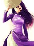  brown_eyes copyright_request dress hat hat_removed hat_tip headwear_removed long_hair midriff purple_dress purple_hair rice_hat smile solo vietnamese_dress yurikawa 