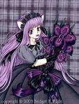  1girl animal_ears bewildered cat_ears catgirl dress lowres purple_hair solo 