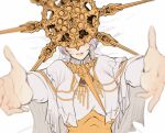  1girl blush breasts dark_souls_(series) dark_souls_i dark_sun_gwyndolin dress genderswap genderswap_(mtf) gold_headwear grey_hair helmet highres large_breasts long_sleeves lying on_back outstretched_arms short_hair solo spiked_helmet teeth zunkome 