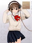  brown_eyes brown_hair headphones highres original otakubeam ribbon school_uniform short_hair skirt solo sweater translated 