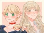  2girls alt_text alternate_hair_length alternate_hairstyle black_shirt blonde_hair blush chibi chibi_inset choker closed_eyes closed_mouth collarbone dungeon_meshi elf falin_touden falin_touden_(tallman) green_eyes hair_ribbon highres long_hair looking_at_viewer marcille_donato multiple_girls open_mouth pink_background pointy_ears portrait red_choker red_ribbon ribbon sasakura34 shirt short_hair side-by-side simple_background smile sparkle two-tone_background white_shirt yellow_background yellow_eyes 