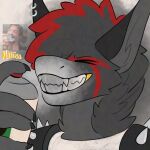  alternative_fashion anthro canid canine canis clothed clothing digital_media_(artwork) dystopian ear_piercing fur hair hi_res hybrid insane jewelry long_hair mad_max male mammal natuss natuss_(character) piercing punk punk_hair reptile ring_piercing scalie simple_background smile snake solo teeth 