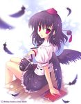  bangs bellows_camera camera feathers looking_at_viewer mitha open_mouth shameimaru_aya smile solo touhou 