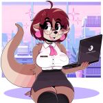 1:1 2024 absurd_res anthro arm_tuft big_breasts black_nose bottomwear breasts brown_body choker city cityscape clothed clothing colored_nails digital_media_(artwork) ear_piercing ear_ring elbow_tuft eyebrows eyelashes eyewear female fur glasses hair handwear hi_res holding_laptop holding_object inner_ear_fluff jewelry legwear looking_aside mammal marine_mcmurray mustelid nails name_tag necklace necktie open_mouth otter piercing ring_piercing shirt skirt smile solo tail teeth thigh_gap thigh_highs topwear translucent translucent_hair tuft wireless_shiba